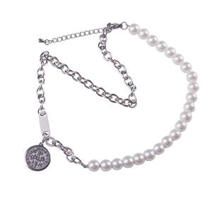 Vintage style titanium steel necklace with white pearls and Saint Benedict medal pendant