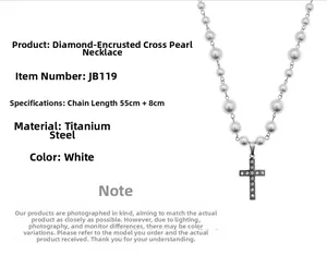 Detail of pearl necklace with sparkling iced out cross pendant and 55cm titanium steel chain