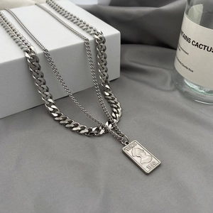 Collier Double Couche Hip Hop en Acier Titane Rétro Pendentif Portrait Rectangulaire Chaîne Gourmette pour Hommes Femmes Bijoux Street
