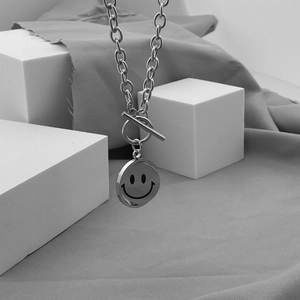 Unisex silver smiley face pendant necklace with chunky chain and OT buckle closure