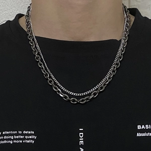 Collana a doppio strato in argento retrò con chiusura OT e design a catena spessa unisex