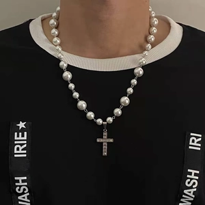 Hip Hop Cross Pendant Faux Artificial Pearl Necklace Titanium Steel Rhinestone Streetwear Retro Jewelry For Men Women Elegant Gift Accessories