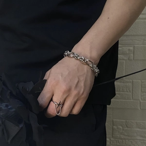Industrial punk style stainless steel chain bracelet and cross ring set for men