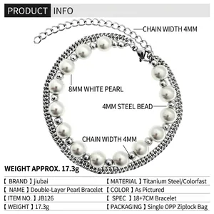 Bracelet perles double couche hip-hop avec chaîne en acier titane et perles de 8mm