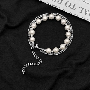 Bracelet Superposé Hip Hop Acier Titane Chaîne Gourmette Avec Künstliche Perle Blanche Artificielle Bijoux Personnalisés Rétro Homme Femme