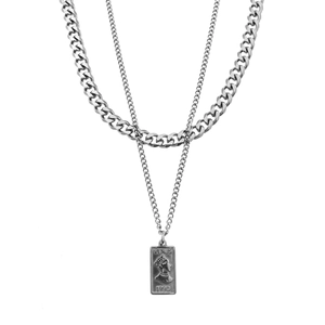 Collier double épaisseur en argent avec mailles cubaines et pendentif carré Vénus