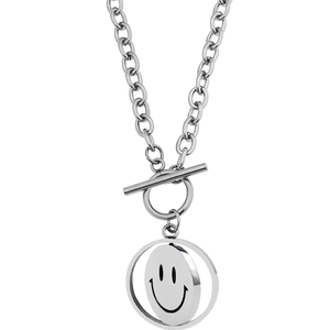 Unisex silver titanium steel chain necklace featuring a rotating smiley face pendant and OT clasp