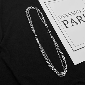 Collier Double Couche en Acier Titane Hip Hop Punk Pendentif Croix Bijoux Minimalistes pour Hommes Femmes Collier Argent Poli