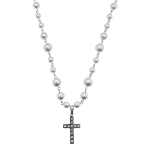 Hip hop pearl necklace for women and men featuring a sparkling rhinestone cross pendant