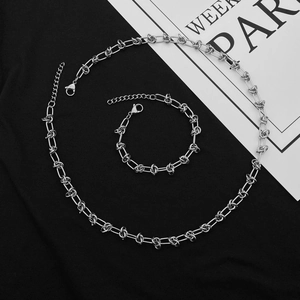 Industrial punk style silver stainless steel link chain necklace and bracelet set