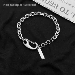 Minimalist Titanium Steel Cuban Chain Bracelet For Men Women Unisex Hip Hop Jewelry With Large Carabiner Clasp Blank Tag