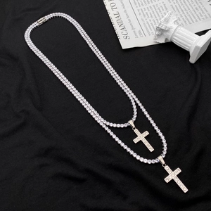 Collana tennis a doppio strato in argento con ciondoli a croce in stile hip hop