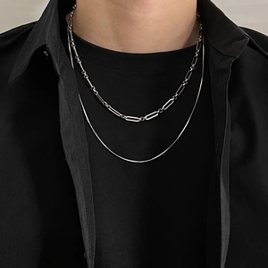 Minimalist silver double layer paperclip and snake chain necklace for men and women