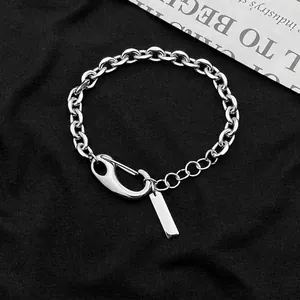 Silver titanium steel chunky O-chain necklace with carabiner clasp and rectangular pendant