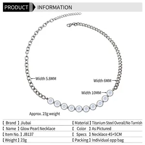 Collier de perles lumineuses avec chaîne en acier titane pour femmes et hommes 45+5cm