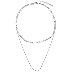 Minimalist silver double layered paperclip and snake chain necklace with lobster clasp