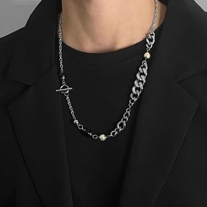 Hip Hop Titanium Steel Asymmetric Splicing Chain Necklace Faux Artificial Pearl Rhinestone Toggle Clasp Punk Sweater Chain Jewelry