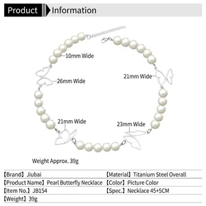 Collier élégant en perles et papillons en acier titane avec breloques évidées, 45+5 cm