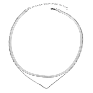 Double-layered silver snake bone necklace with a V-shaped chain and lobster clasp