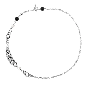Hip hop titanium steel necklace featuring pearl accents and crystal encrusted chain links