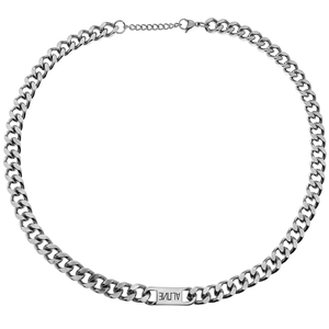 Collier chaîne cubaine argentée pour homme avec pendentif plaque en métal gravée