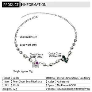 Titanium steel pearl necklace featuring palm tree and ghost charms for men and women