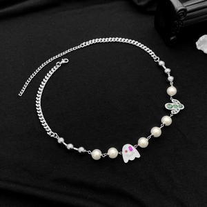 Hip Hop Titanium Steel Necklace With Artificial Pearl Spliced Cuban Chain Ghost Palm Tree Pendant Rhinestone Inlaid Personality Jewelry For Men Women