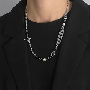 Hip hop titanium steel necklace with pearls and rhinestones on black suit background