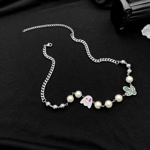 Unisex titanium steel pearl necklace with ghost pendant and green stone cactus charm