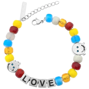 Bracelet Perles Colorées Acier Inoxydable Visage Souriant Lettres LOVE Ajustable Hip Hop Bijoux pour Hommes et Femmes