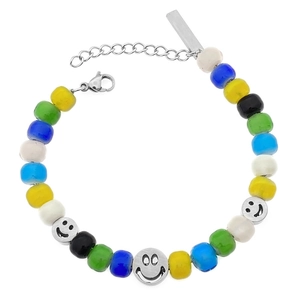 Bracelet hip-hop à perles colorées avec visages souriants argentés et fermoir mousqueton