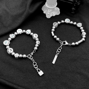 Unisex hip hop beaded titanium steel bracelets featuring flame and smiley face pendants