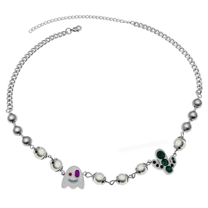 Titanium steel pearl necklace with ghost and palm tree pendants featuring crystals