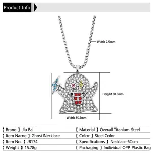 Collana fantasma hip hop in acciaio al titanio con strass colorati e catena da 60 cm