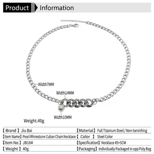 Hip hop titanium steel necklace featuring diamond Cuban links and pearl stitching detail