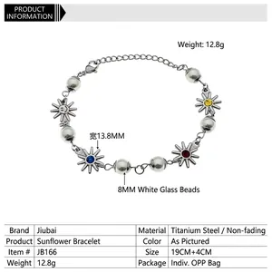 Bracciale in acciaio al titanio con ciondolo a girasole, perle e cristalli colorati