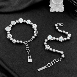 Hip Hop Unisex Titanium Steel Smiley Face Flame Beaded Bracelet Rhinestone Polished Punk Jewelry Accessories For Men Women