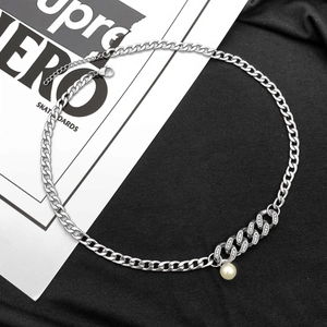 Hip Hop Cuban Chain Necklace With Rhinestone Pave Links And Faux Artificial Pearl Pendant Titanium Steel Vintage High Street Jewelry