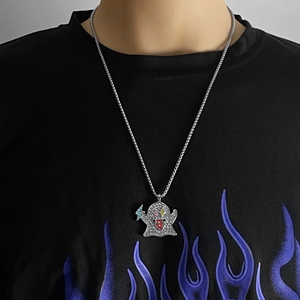 Collana con ciondolo fantasma hip hop con cristalli colorati e catena box argento lucido