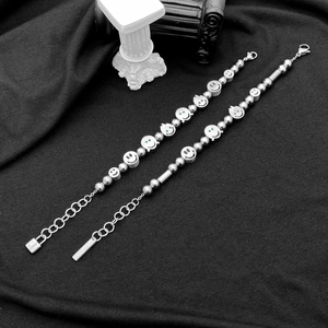 Hip hop silver steel chain bracelet with smiley face beads and lock pendant for men and women