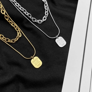Collier double couche poli avec pendentif carré or et argent pour hommes et femmes