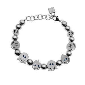 Hip hop titanium steel beaded bracelet with flame smiley face charms and blue zircon eyes