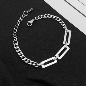 Unisex silver stainless steel Cuban link necklace with geometric rectangular ring拼接