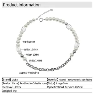Collar de acero de titanio con perlas blancas y cuentas de cubitos de hielo para hombre y mujer