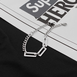 Silver titanium steel Cuban link bracelet with geometric rectangular chain elements