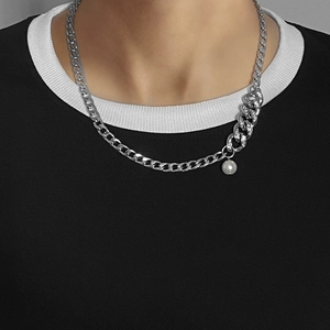 Hip hop silver Cuban link necklace with rhinestones and pearl pendant for men and women