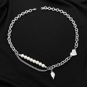 Collier Pendentif Cœur en Acier Inoxydable Asymétrique Couture de Künstliche Perles d'Imitation Bijoux Hip Hop Punk Femme Homme