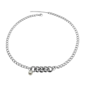 Hip hop silver Cuban chain necklace with sparkling rhinestones and white pearl pendant