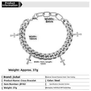 Dettaglio del bracciale Cuban con croce in acciaio, maglia da 10mm e peso di 37g