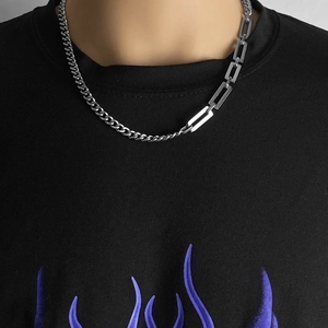 Unisex silver titanium steel Cuban link chain with asymmetric rectangular metal loops